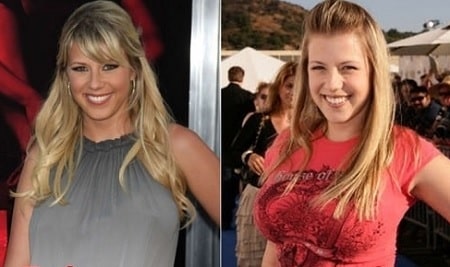 A before and after picture of Jodie Sweetin's breasts implants.